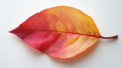 Vibrant autumn peach leaf showcasing brilliant hues of red and yellow against a clean white background for botanical and seasonal themes