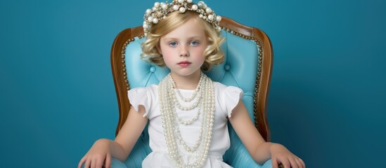 Fototapeta premium Young girl elegantly seated in a vintage chair wearing pearl necklaces with a serene expression against a vibrant blue backdrop