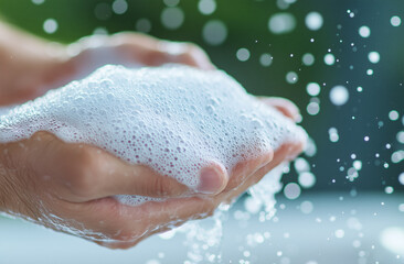 Fototapeta premium Hands washing with foamy soap under a modern sink