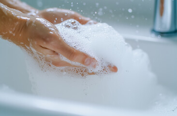 Fototapeta premium Hands washing with foamy soap under a modern sink