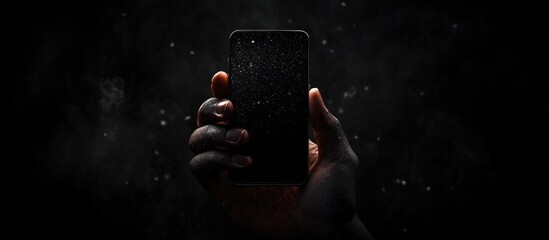 Closeup of a hand holding a blank smartphone screen against a dark background representing communication and technology in a business context
