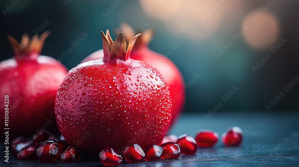 Poster Fresh pomegranates with droplets on surface and scattered seeds in soft focus background showcasing vibrant color and texture of the fruit