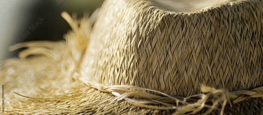 Poster textured close up of a rustic straw hat showcasing its intricate weave and natural fibers illuminate