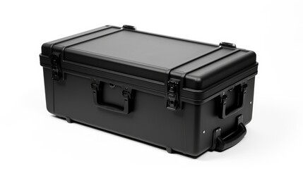 Heavy-duty black transport case ideal for secure storage and transportation of equipment and gear featuring strong locking mechanisms.