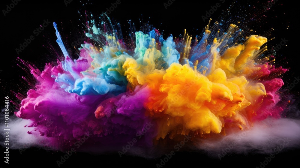 Aufkleber vibrant colored powder explosion creating dynamic patterns in a black background for artistic and ad