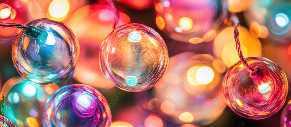 Poster vibrant closeup of colorful glowing spheres with soft bokeh lights creating a festive and enchanting