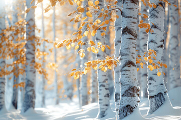 A serene winter forest with golden birch leaves dusted with snow, sunlight filtering through the trees, creating a tranquil scene of naturea??s beauty.