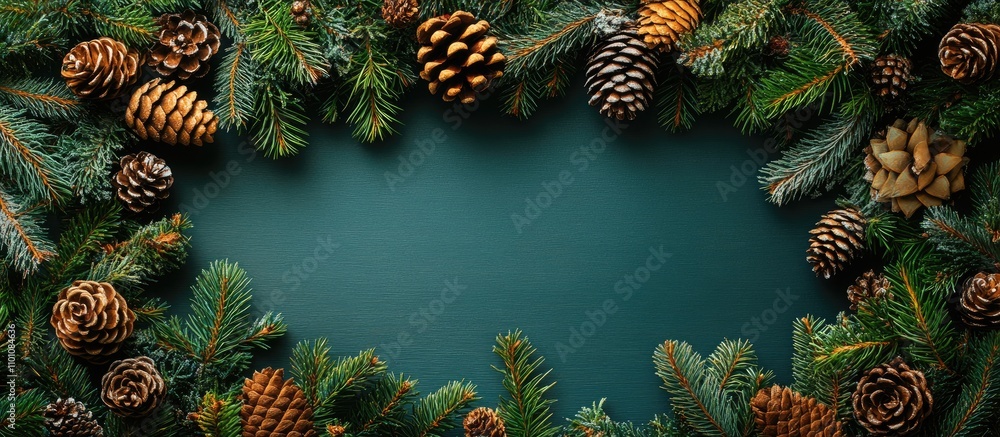 Poster christmas wooden backdrop with fir tree frame and pinecones showcasing a blank space for custom text