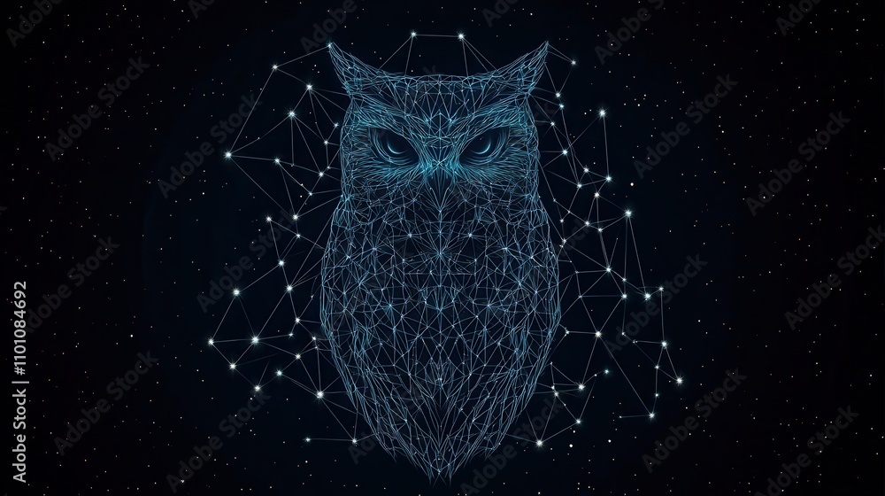 Poster a digital owl composed of interconnected lines and dots, set against a dark background, symbolizing 