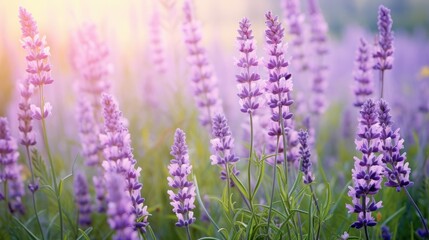 Obraz premium Lavender flowers elegantly blooming in a serene wild meadow during a warm summer sunrise