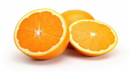 Freshly sliced oranges showcasing their vibrant color and juicy texture against a clean white background ideal for food and health concepts.