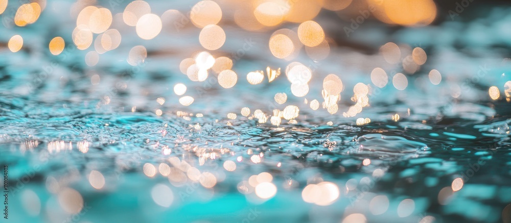 Poster multicolored bokeh lights reflecting on water surface with soft green background and blank space for