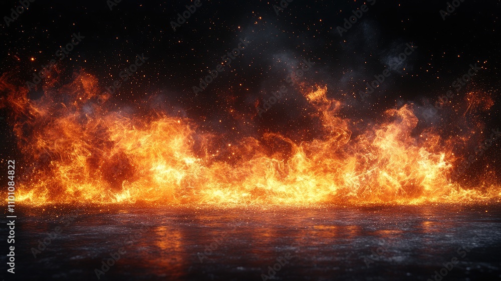 Poster dynamic high resolution fire flames on a dark background ideal for digital retouching and visual eff