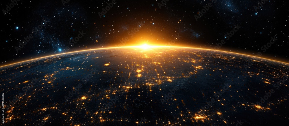 Poster global communication network concept with illuminated cities from space showcasing advanced technolo