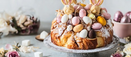 Easter Panettone adorned with bunny ear cookies mini chocolate eggs marshmallows and dried roses for festive celebration decoration