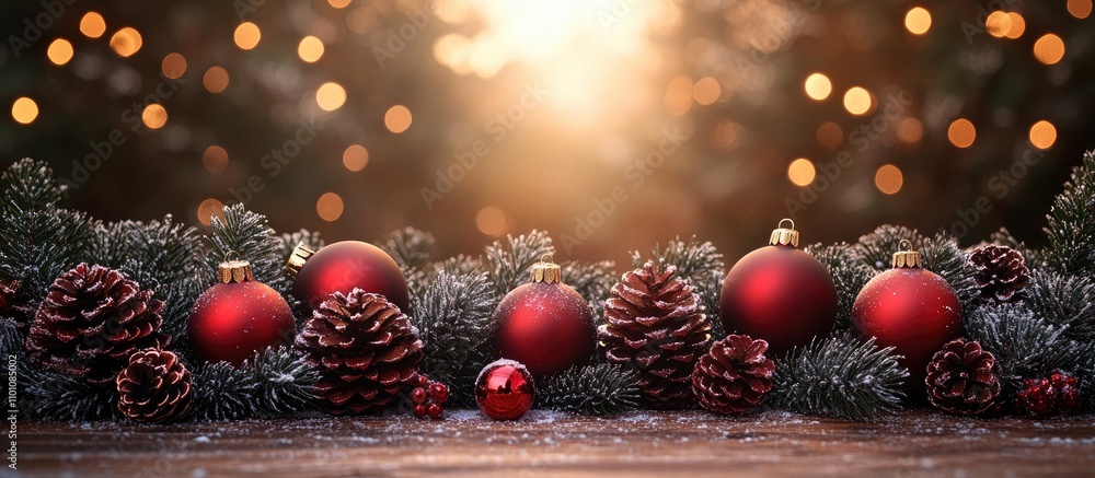 Poster festive wooden backdrop adorned with red ornaments and pinecones creating a warm christmas atmospher
