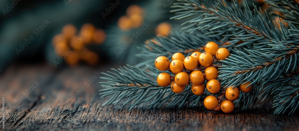 Poster close up of pine branch with golden holly berries on rustic wood background creating a tranquil seas