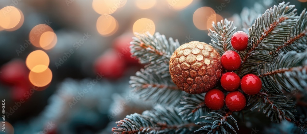 Poster christmas tree decorations with festive ornaments and berries on fir branches creating a warm holida