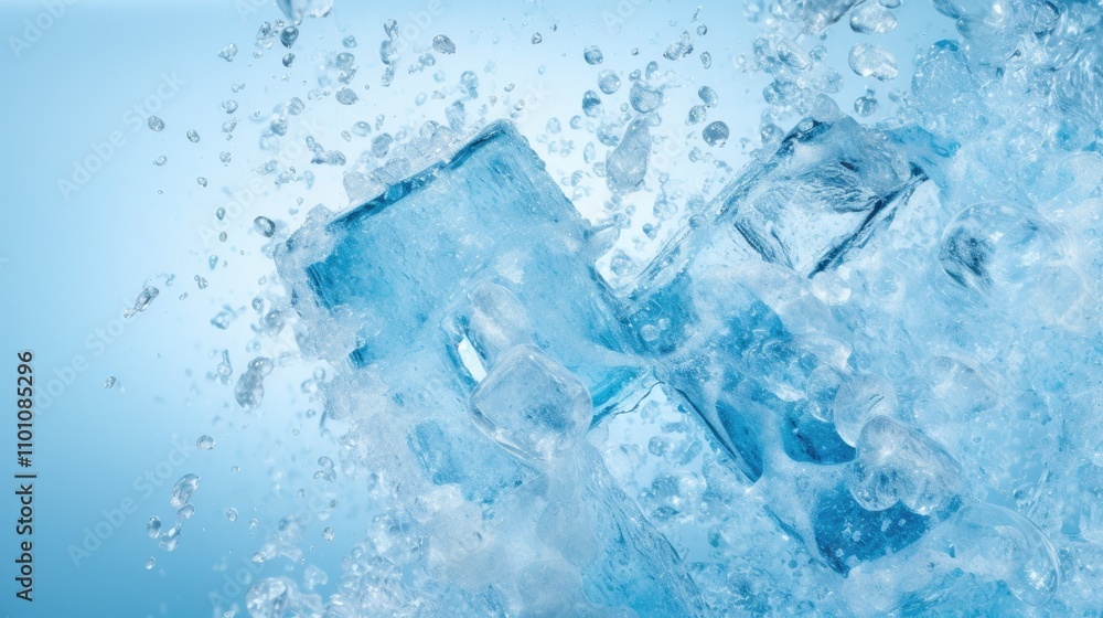 Poster blue ice cubes in a refreshing water splash creating an artistic summer-themed alphabet design on a 