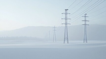 Power lines stretch across a snowy, foggy landscape. Generative ai