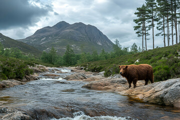 Highland Cow Stands by a Mountain River,  A Scenic Landscape Photograph