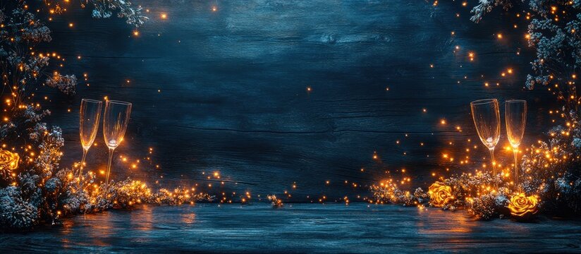 Festive sparkling background with champagne glasses and bokeh lights on rustic blue wood for elegant celebrations and event promotions