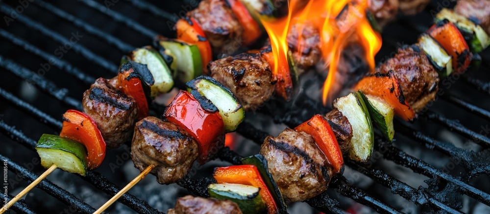 Poster grilling delicious kebabs over open flames in a summer picnic setting with vibrant vegetables and ju