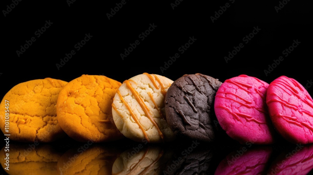 Poster close up of colorful assorted cookies arranged in a line on a reflective black background showcasing