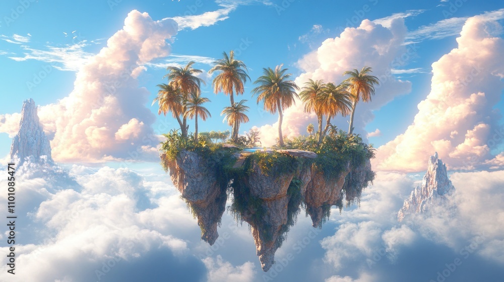 Poster a small island with palm trees floats in the clouds with mountain peaks in the background.