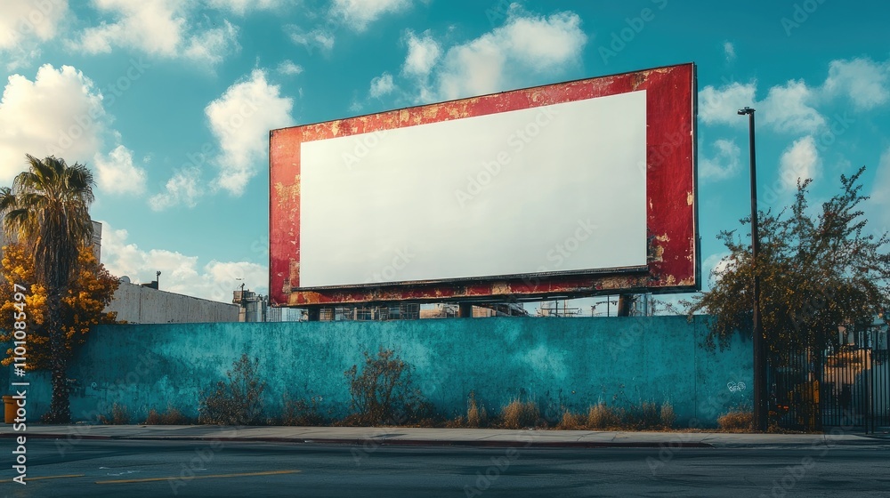 Aufkleber empty billboard on a colorful urban wall with space for advertising text under a clear blue sky and 
