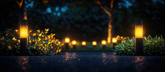 Obraz premium Elegant outdoor garden lighting design featuring decorative lamps illuminating a serene nighttime landscape surrounded by lush greenery.