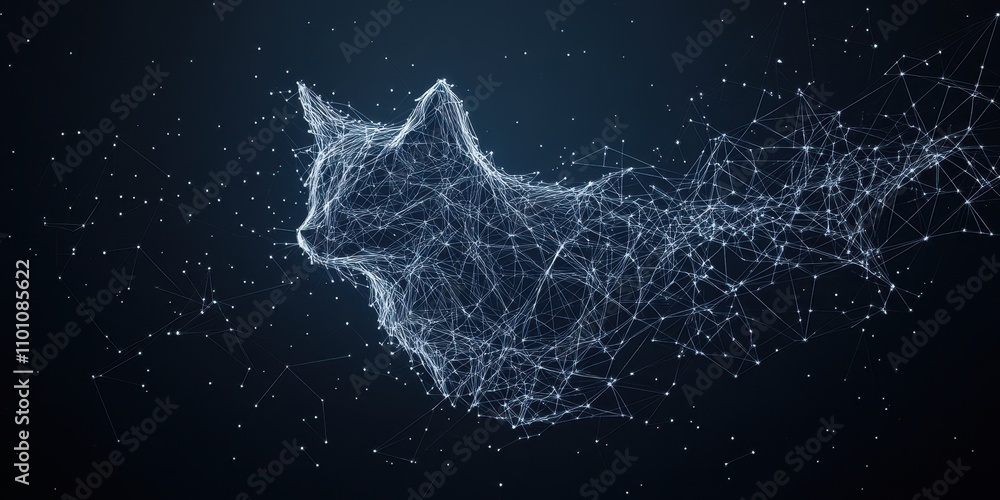 Aufkleber a digital representation of a cat, formed by a network of interconnected points and lines, creating 
