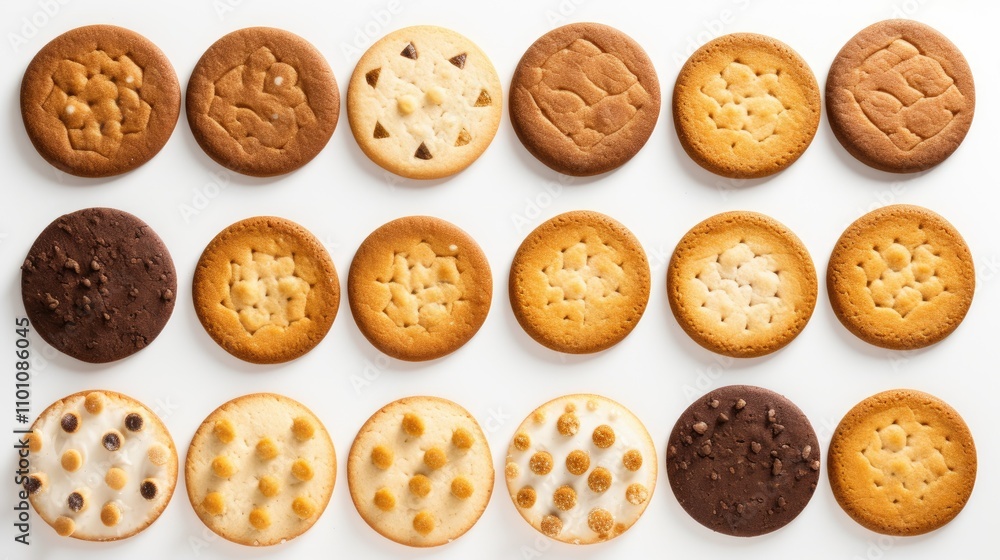 Aufkleber variety of cookies arranged in rows on a clean white surface showcasing different textures and color