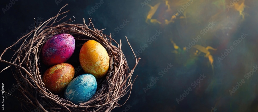 Aufkleber colorful easter eggs nestled in a decorative nest with twigs set against a dark background showcasin