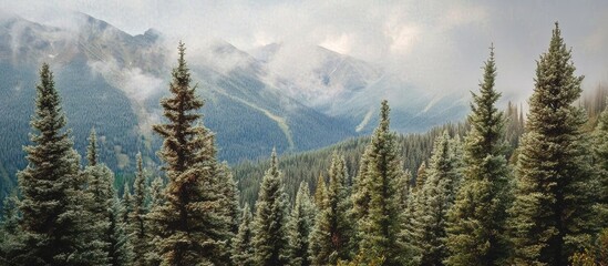 Majestic Pine Trees Surrounded by Foggy Rocky Mountain Landscape in Nature's Tranquil Wilderness