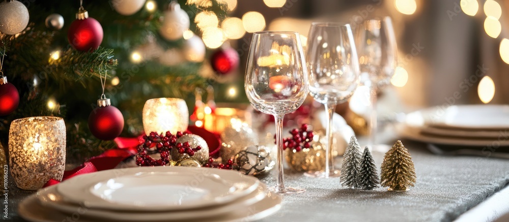 Poster elegant new year table setting with decorative elements and festive ambiance on a textured gray surf