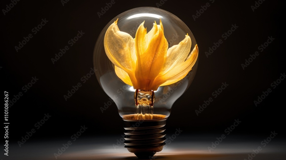 Poster macro close-up of a light bulb with a glowing flower inside symbolizing creativity and innovation in