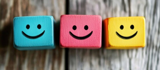 Colorful wooden blocks with smiley faces representing customer service satisfaction and positive feedback concept.