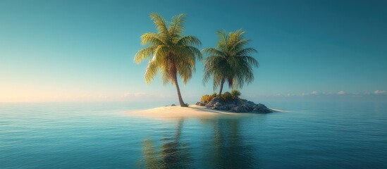 Fototapeta premium Tranquil tropical island with palm trees reflecting in calm ocean waters during sunrise or sunset. Ideal for vacation and nature themes.