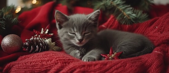 Gray kitten peacefully resting on a festive red blanket surrounded by holiday decorations and ornaments creating a cozy Christmas atmosphere.