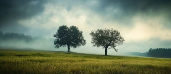 Serene misty landscape with two trees in a lush field under a dramatic cloudy sky at dawn or dusk.
