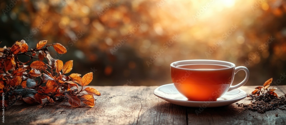 Poster Warm cup of tea on a wooden table with autumn leaves and a soft bokeh background creating a cozy and inviting atmosphere.