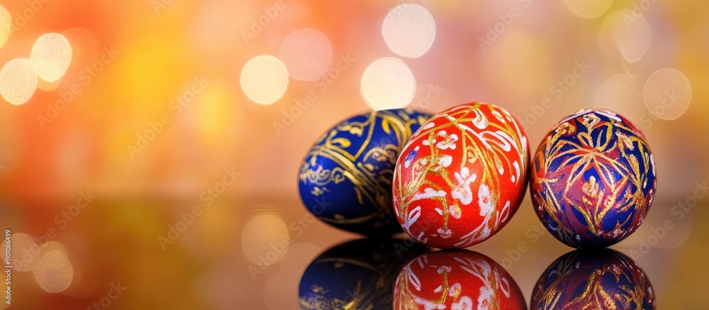 Poster vibrantly decorated easter eggs with intricate patterns set against a bright and shimmering backgrou