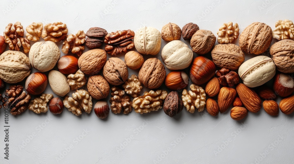 Poster assorted nuts and seeds arranged on a white surface showcasing their textures and colors in a close 
