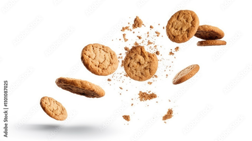 Poster falling oatmeal cookies with crumbs isolated on a white background creating a dynamic and appetizing