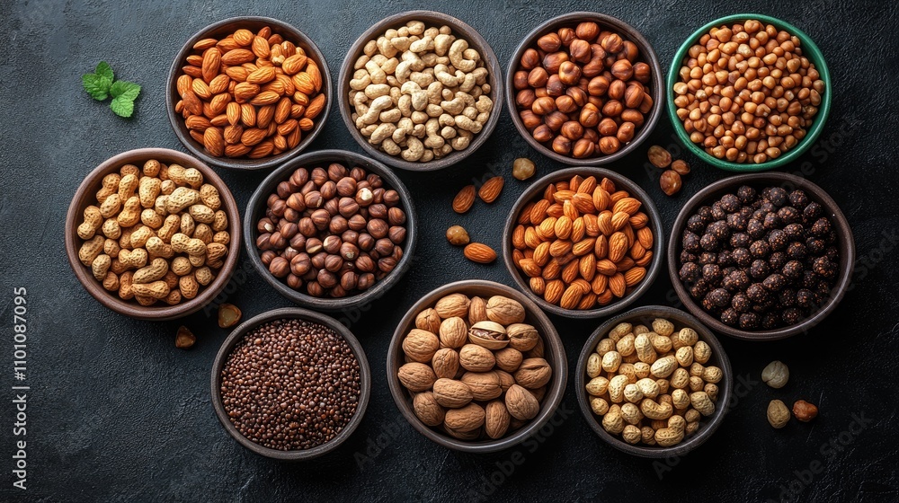 Poster assorted nuts in rustic bowls arranged on a dark table background showcasing texture and variety for
