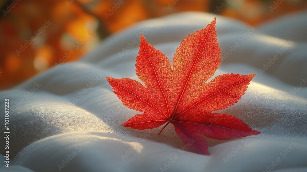Poster vibrant red maple leaf resting on a soft light backdrop with blurred autumn foliage in the backgroun