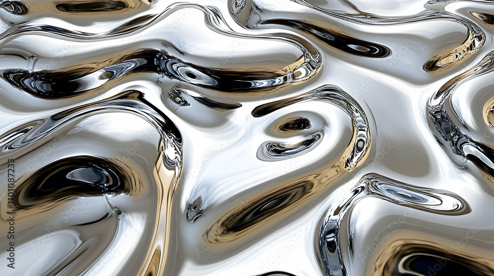 Poster abstract 3d render of liquid metal surface with swirling, reflective patterns and chromatic aberrati