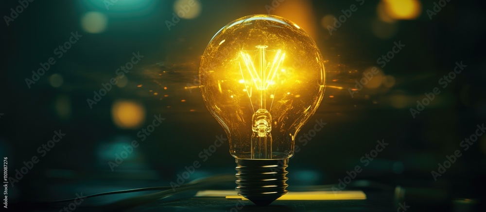 Poster creative double exposure of a glowing light bulb on a desk symbolizing innovation technology and ide