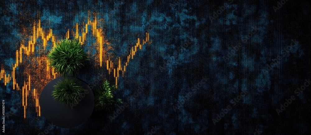Poster aerial view of financial chart overlay with plants on textured background symbolizing analysis resea